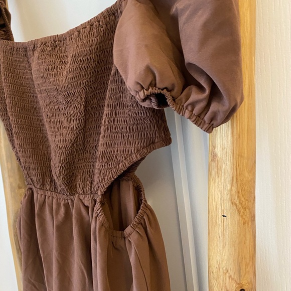 Missguided Smocked Cut Out Baby Doll Mini Dress Chocolate Brown Sz 8 - Picture 4 of 10